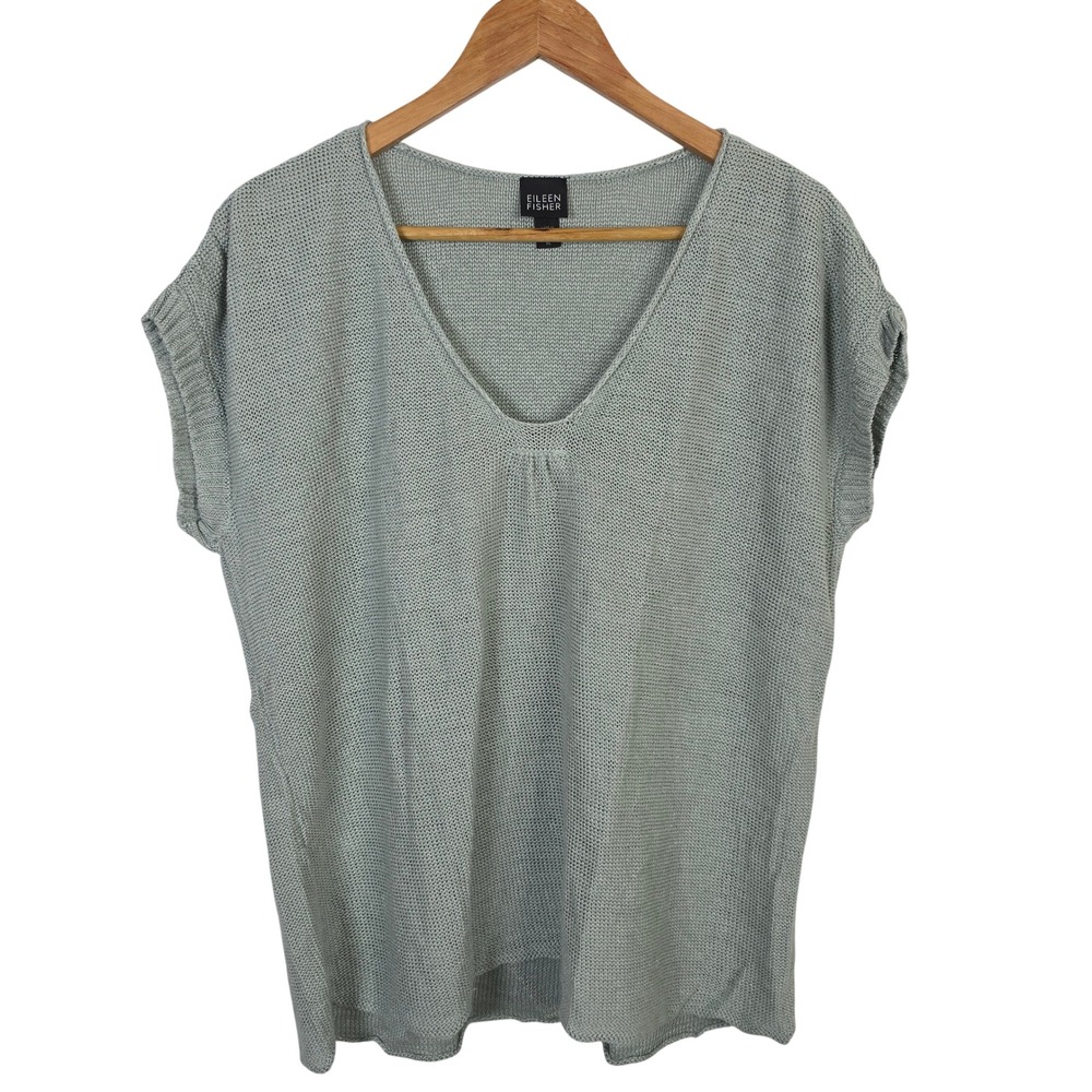 Eileen Fisher XL Sage Green 100% Hemp Italian Yarn V-Neck Cap Sleeve Knit Top